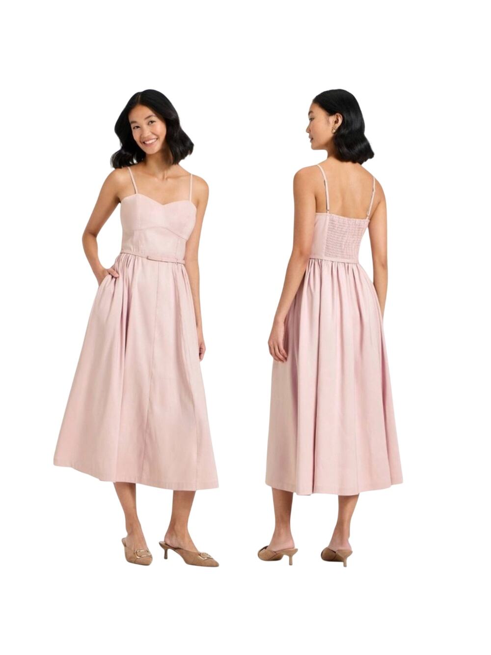 NWOT Women's Bow Belt Midi Dress Soft Pink Balletcore Cottagecore A New Day L